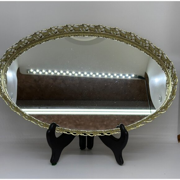 VTG Ornate Gold Mirrored Dresser Tray Oval Vanity Accent Gold Filigree - Picture 2 of 7